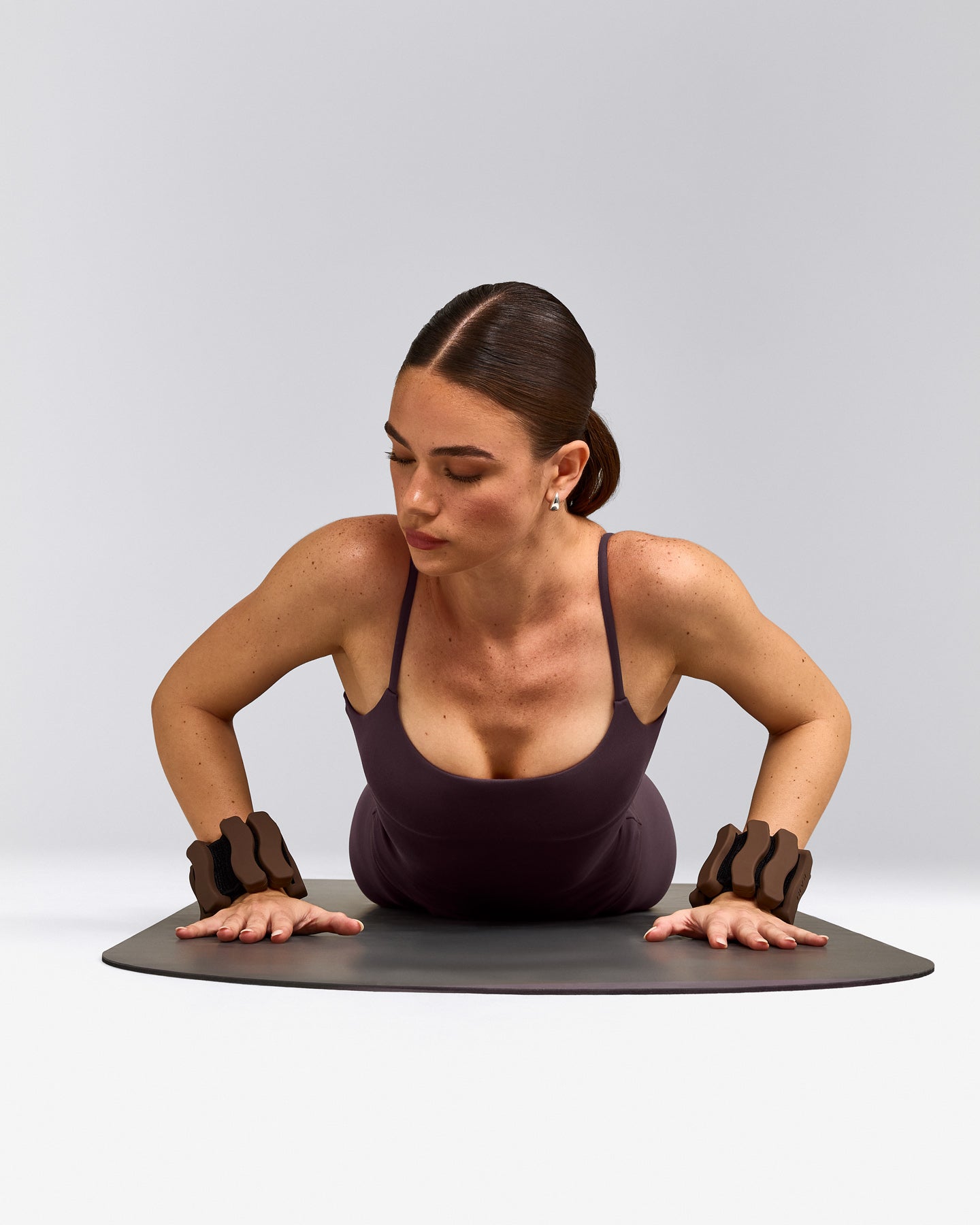 SoftMotion™ Strappy Tank Top with Built in Bra Shelf with Grey Logo | Dark Umber Brown