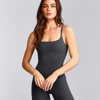 SoftMotion™ Strappy Vest with Built in Bra Shelf with Grey Logo | Coal