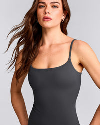 SoftMotion™ Strappy Vest with Built in Bra Shelf with Grey Logo | Coal