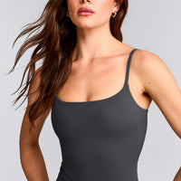 SoftMotion™ Strappy Vest with Built in Bra Shelf with Grey Logo | Coal