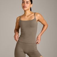 SoftMotion™ Strappy Vest with Built in Bra Shelf with Grey Logo | Moss Brown
