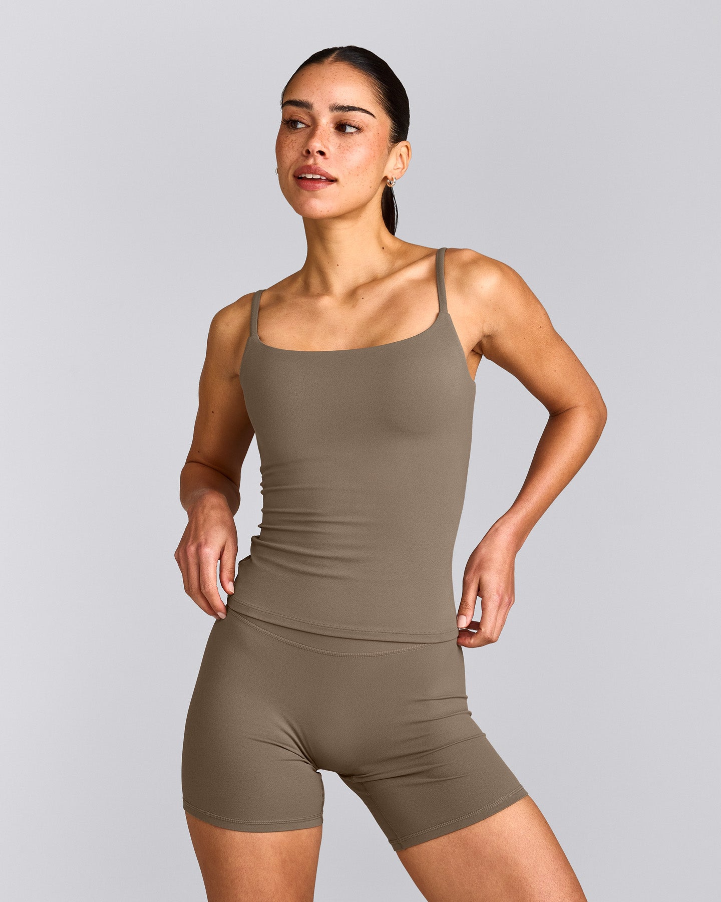 SoftMotion™ Strappy Vest with Built in Bra Shelf with Grey Logo | Moss Brown
