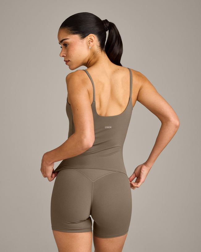 SoftMotion™ Strappy Vest with Built in Bra Shelf with Grey Logo | Moss Brown
