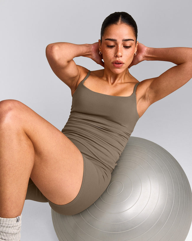 SoftMotion™ Strappy Vest with Built in Bra Shelf with Grey Logo | Moss Brown