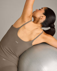SoftMotion™ Strappy Vest with Built in Bra Shelf with Grey Logo | Moss Brown