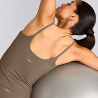 SoftMotion™ Strappy Vest with Built in Bra Shelf with Grey Logo | Moss Brown
