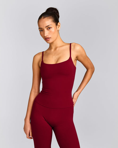 SoftMotion™ Strappy Vest with Built in Bra Shelf with Grey Logo | Ruby Red