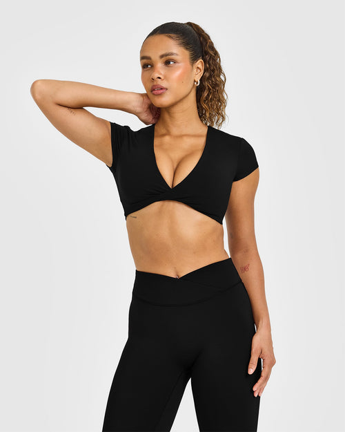 Oner Modal Unified Twist Front Short Sleeve Crop Top White Logo | Black