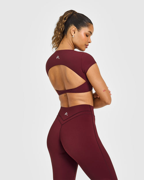 Unified Twist Front Short Sleeve Crop Top White Logo | Rosewood