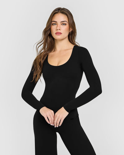 SoftMotion™ Scoop Neck Long Sleeve Top with Built in Bra Shelf with White Logo | Black