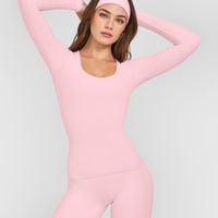 SoftMotion™ Scoop Neck Long Sleeve Top with Built in Bra Shelf with White Logo | Cherry Blossom Pink