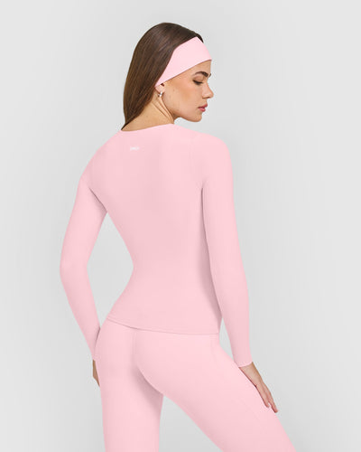 SoftMotion™ Scoop Neck Long Sleeve Top with Built in Bra Shelf with White Logo | Cherry Blossom Pink