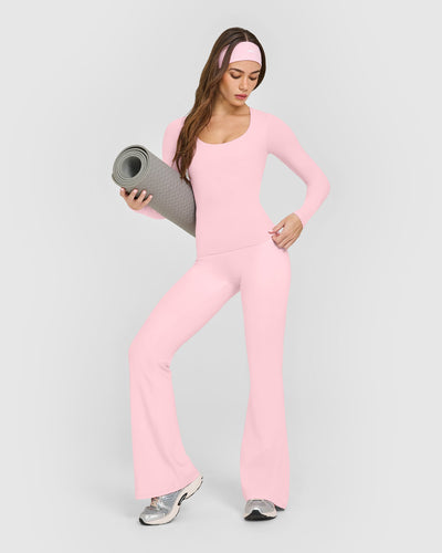 SoftMotion™ Scoop Neck Long Sleeve Top with Built in Bra Shelf with White Logo | Cherry Blossom Pink