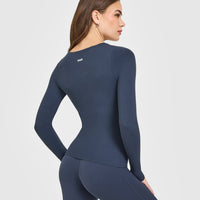 SoftMotion™ Scoop Neck Long Sleeve Top with Built in Bra Shelf with White Logo | True Blue