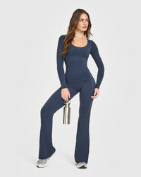 SoftMotion™ Scoop Neck Long Sleeve Top with Built in Bra Shelf with White Logo | True Blue