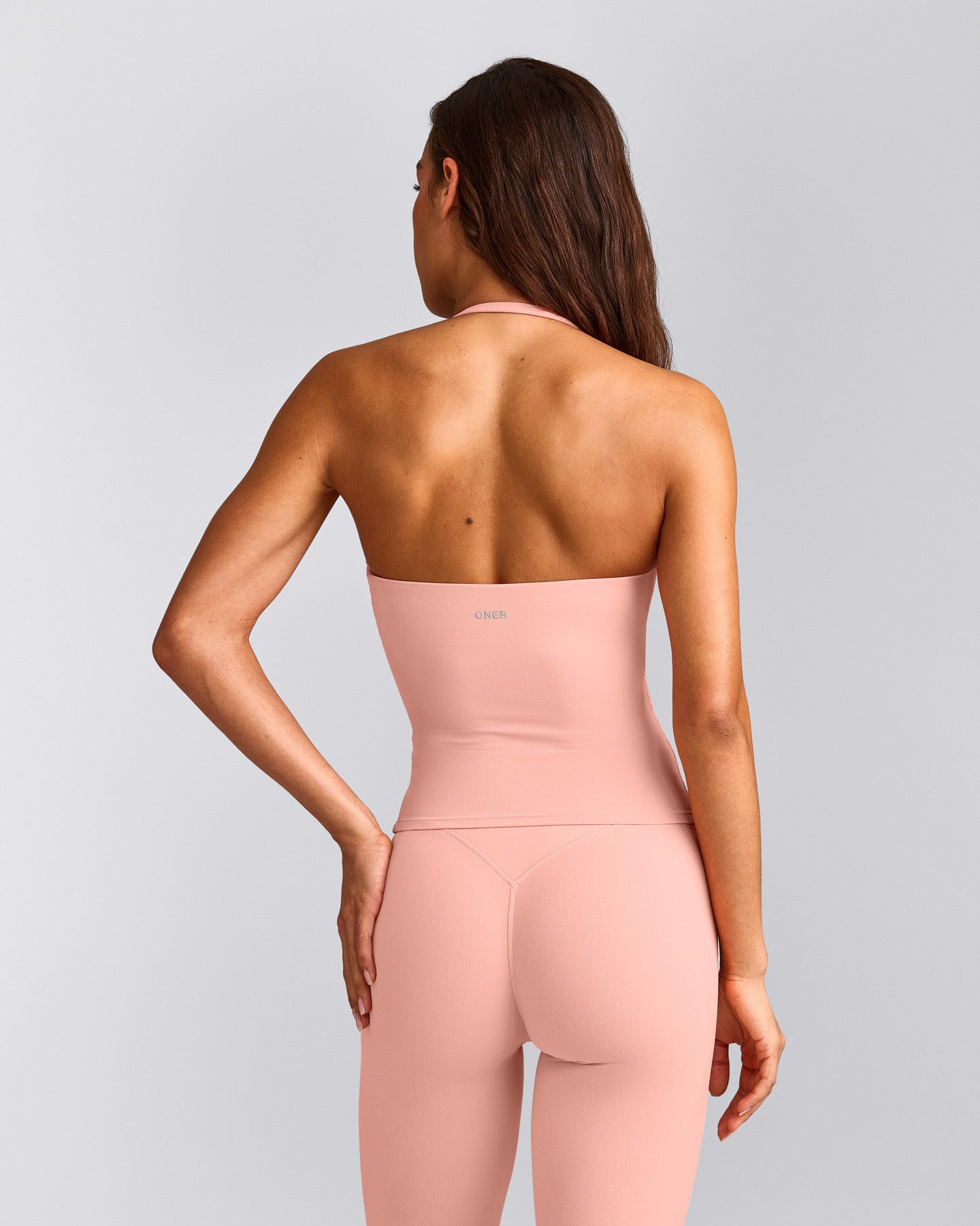 SoftMotion™ Strappy Halter Neck Vest with Built in Bra Shelf with Grey Logo | Peach Orange