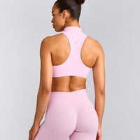 EasyLift™ Zip High Neck Sports Bra with Grey Logo | Chalk Pink