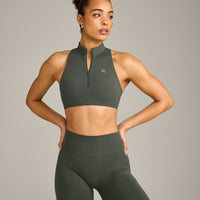 EasyLift™ Zip High Neck Sports Bra with Grey Logo | Dark Khaki