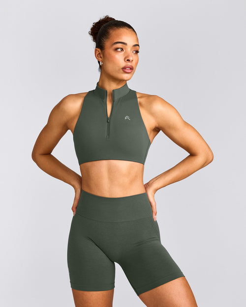 EasyLift™ Zip High Neck Sports Bra with Grey Logo | Dark Khaki