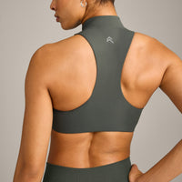 EasyLift™ Zip High Neck Sports Bra with Grey Logo | Dark Khaki