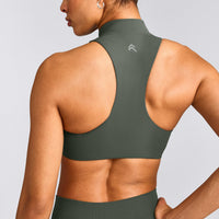 EasyLift™ Zip High Neck Sports Bra with Grey Logo | Dark Khaki