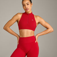 EasyLift™ Zip High Neck Sports Bra with Grey Logo | Fiery Red