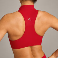 EasyLift™ Zip High Neck Sports Bra with Grey Logo | Fiery Red