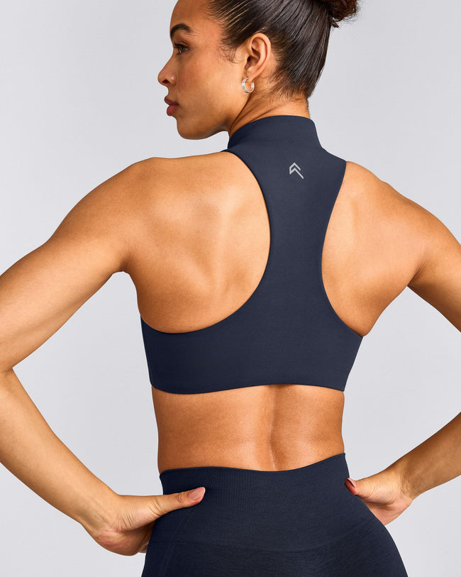 EasyLift™ Zip High Neck Sports Bra with Grey Logo | True Blue