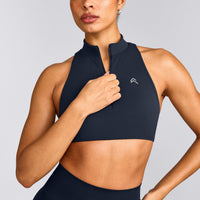 EasyLift™ Zip High Neck Sports Bra with Grey Logo | True Blue