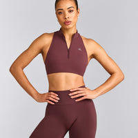 EasyLift™ Zip High Neck Sports Bra with Grey Logo | Velvet Mocha