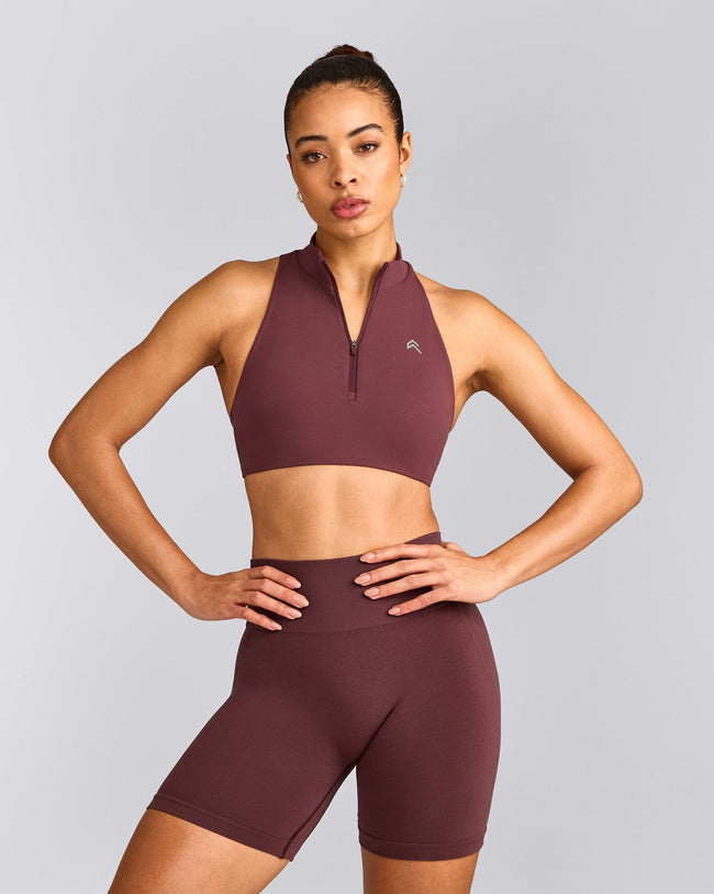 EasyLift™ Zip High Neck Sports Bra with Grey Logo | Velvet Mocha