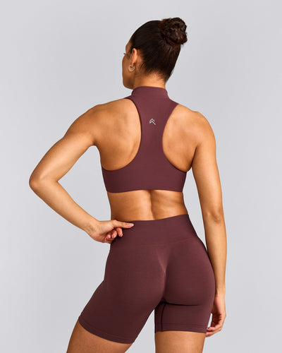 EasyLift™ Zip High Neck Sports Bra with Grey Logo | Velvet Mocha