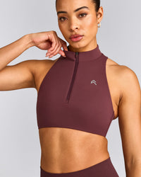 EasyLift™ Zip High Neck Sports Bra with Grey Logo | Velvet Mocha