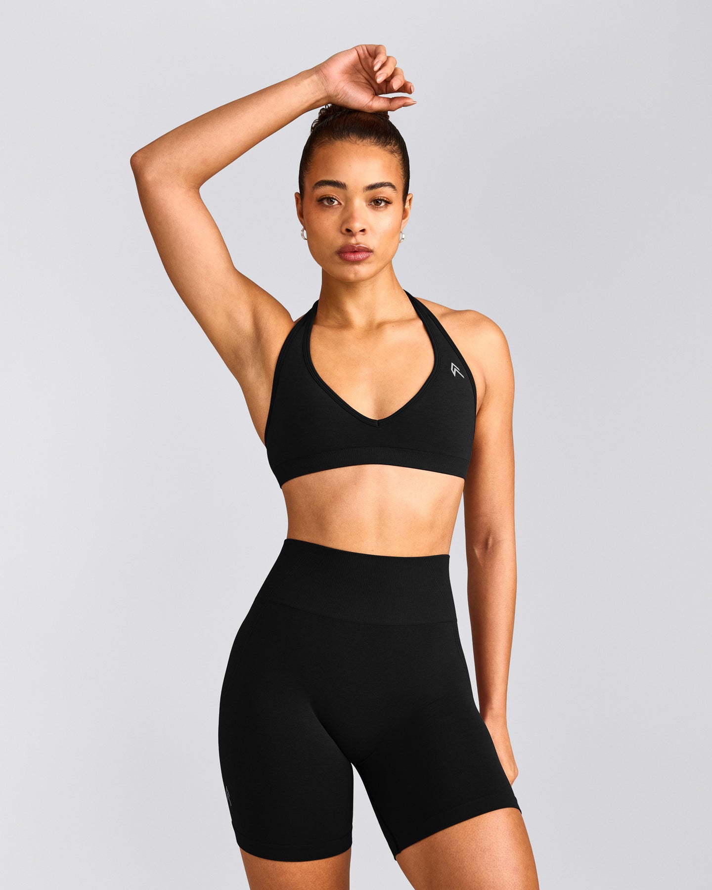 EffortlessLift™ Seamless Halter Neck Sports Bra with Grey Logo | Black