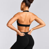 EffortlessLift™ Seamless Halter Neck Sports Bra with Grey Logo | Black