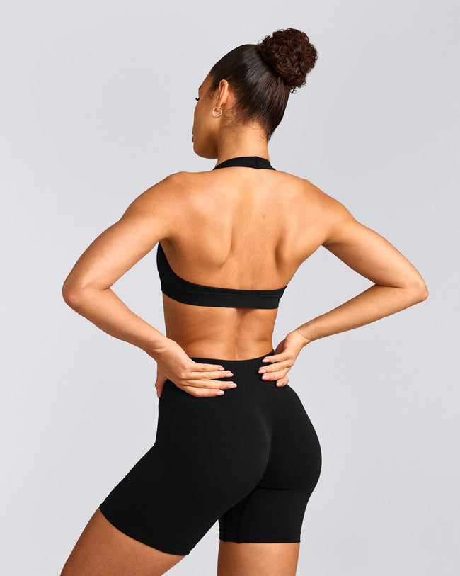EffortlessLift™ Seamless Halter Neck Sports Bra with Grey Logo | Black