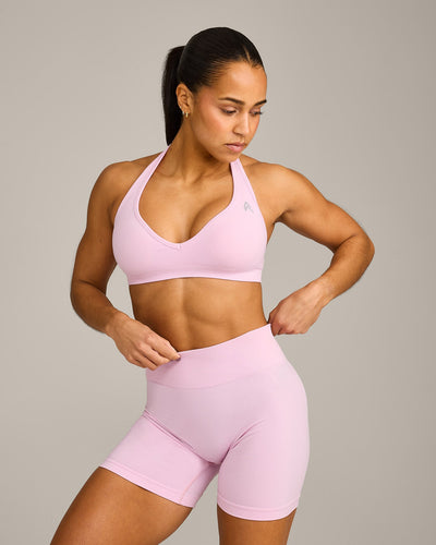 EffortlessLift™ Seamless Halter Neck Sports Bra with Grey Logo | Chalk Pink