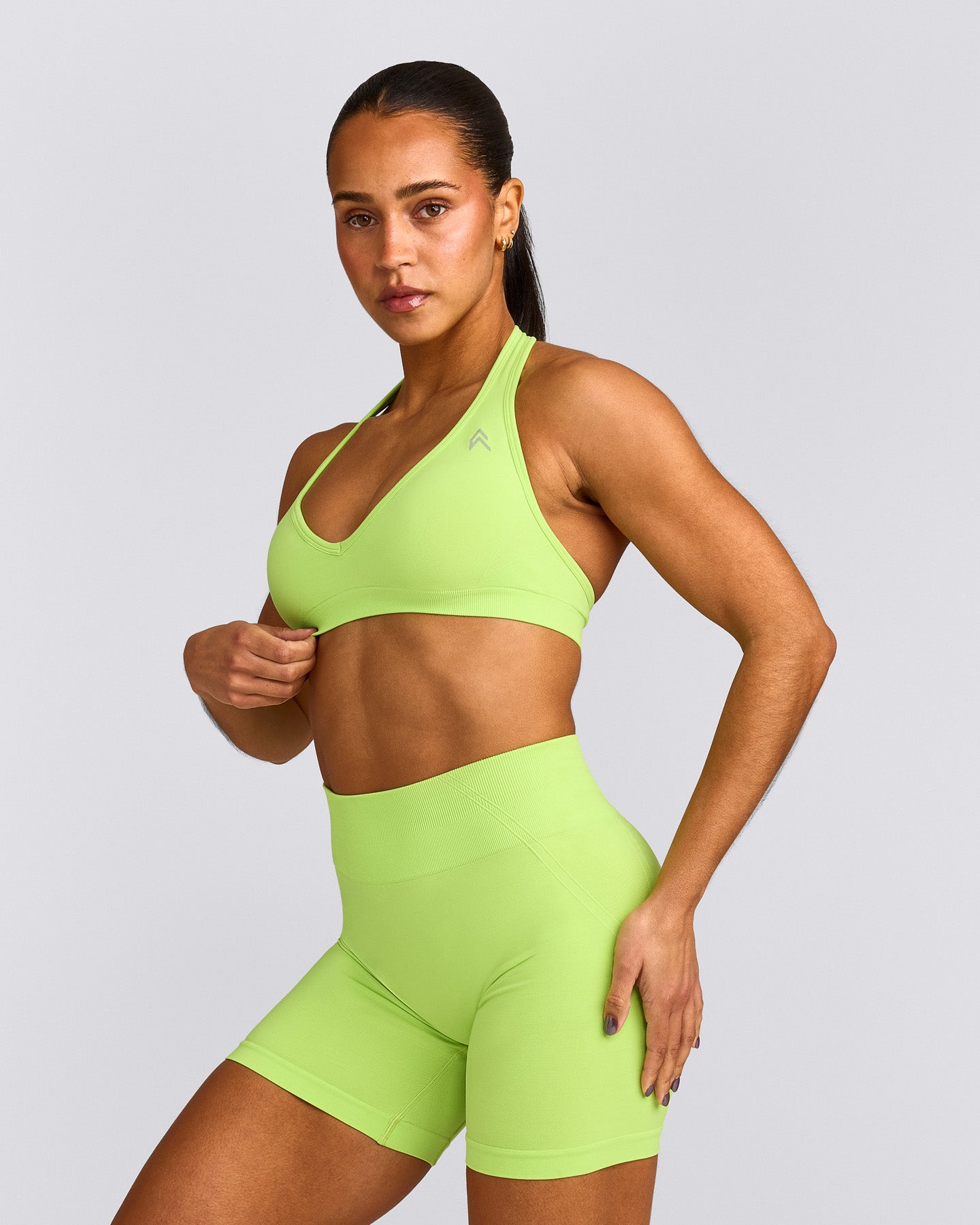 EffortlessLift™ Seamless Halter Neck Sports Bra with Grey Logo | Citrus Green