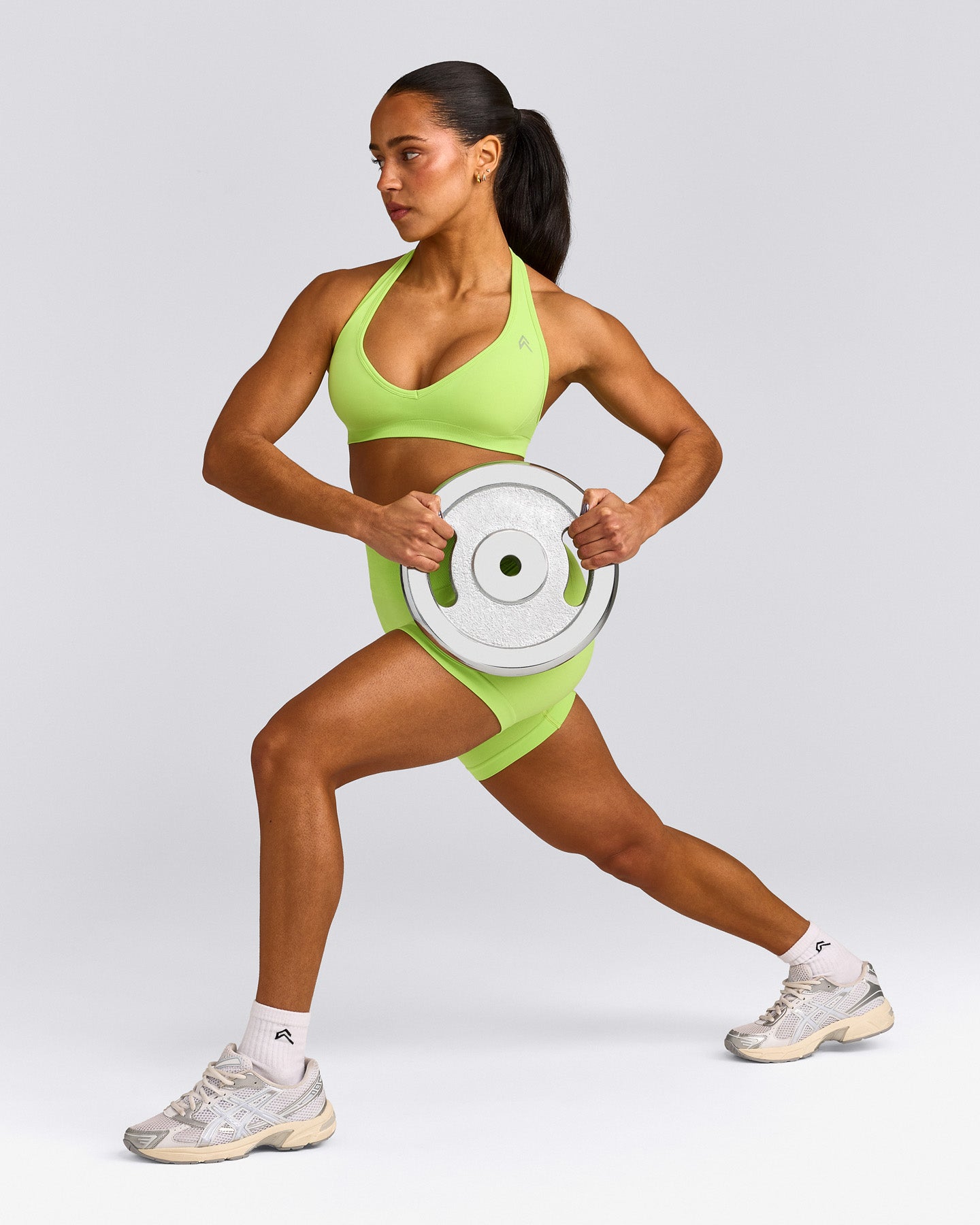 EffortlessLift™ Seamless Halter Neck Sports Bra with Grey Logo | Citrus Green