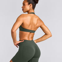 EffortlessLift™ Seamless Halter Neck Sports Bra with Grey Logo | Dark Khaki