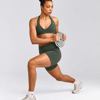 EffortlessLift™ Seamless Halter Neck Sports Bra with Grey Logo | Dark Khaki