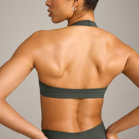 EffortlessLift™ Seamless Halter Neck Sports Bra with Grey Logo | Dark Khaki