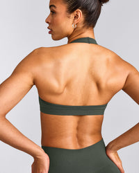 EffortlessLift™ Seamless Halter Neck Sports Bra with Grey Logo | Dark Khaki