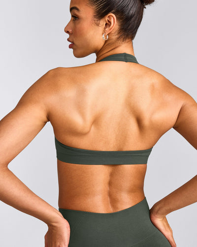 EffortlessLift™ Seamless Halter Neck Sports Bra with Grey Logo | Dark Khaki