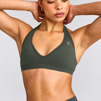EffortlessLift™ Seamless Halter Neck Sports Bra with Grey Logo | Dark Khaki