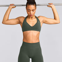 EffortlessLift™ Seamless Halter Neck Sports Bra with Grey Logo | Dark Khaki