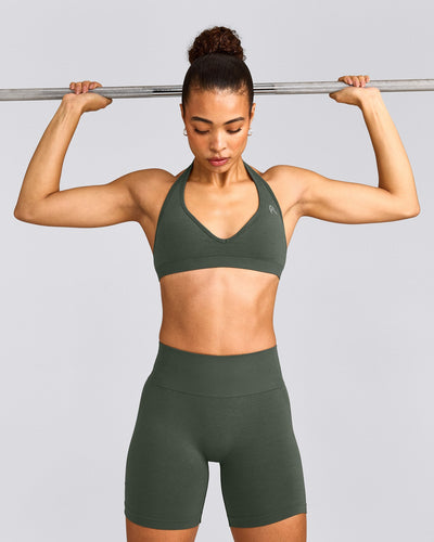 EffortlessLift™ Seamless Halter Neck Sports Bra with Grey Logo | Dark Khaki