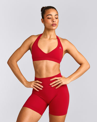 EffortlessLift™ Seamless Halter Neck Sports Bra with Grey Logo | Fiery Red
