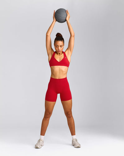 EffortlessLift™ Seamless Halter Neck Sports Bra with Grey Logo | Fiery Red