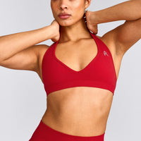 EffortlessLift™ Seamless Halter Neck Sports Bra with Grey Logo | Fiery Red